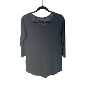 Eddie Bauer Womens 3/4 Sleeve Criss Cross Black Goth Gorpcore Capsule Shirt | S